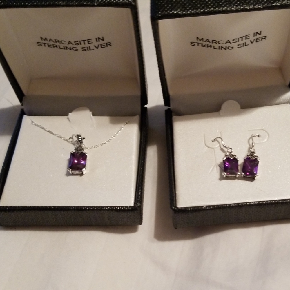 Purple and sterling silver earrings and necklace